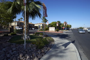 Arcadia Palms Apartments entrance on East Sahara Avenue near Sandhill Road looking south, Las Vegas, Nevada: digital photograph