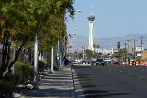 Stratosphere Tower as seen from East Sahara Avenue near Sandhill Raod looking west, Las Vegas, Nevada: digital photograph