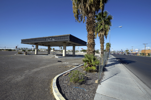 Vacant gas station at Crown Event Center commercial property on East Sahara Avenue at Boulder Highway looking south, Las Vegas, Nevada: digital photograph
