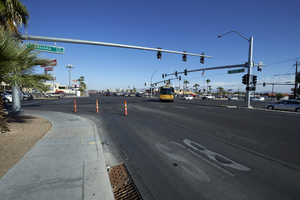 Traffic at the intersection of Boulder Highway / Fremont Street near East Sahara Avenue looking northwest, Las Vegas, Nevada: digital photograph