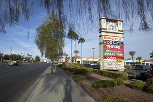 Signs at the Sahara Pavilion North, looking north from West Sahara Avenue east of Decatur Boulevard, Las Vegas, Nevada: digital photograph