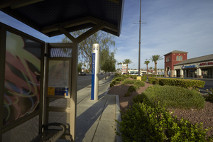 Bus stop at Sahara Pavilion North, looking west from West Sahara Avenue east of Decatur Boulevard, Las Vegas, Nevada: digital photograph