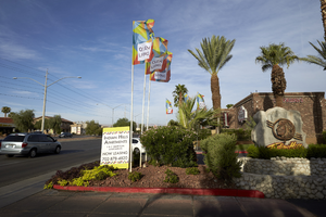 Entrance to the Indian Hills Apartment complex, looking west from West Sahara Avenue east of Decatur Boulevard, Las Vegas, Nevada: digital photograph