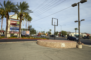 A car sales platform on West Sahara Avenue near Decatur Boulevard looking northwest, Las Vegas, Nevada: digital photograph