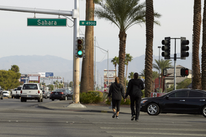 Pedestrians crossing Decatur Boulevard at West Sahara Avenue looking north, Las Vegas, Nevada: digital photograph