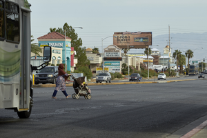 Pedestrain crossing Decatur Bouevard south of West Sahara Avenue, looking northwest, Las Vegas, Nevada: digital photograph