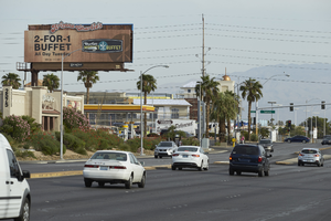 Traffic on Decatur Bouevard south of West Sahara Avenue, looking northwest, Las Vegas, Nevada: digital photograph