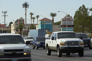 Heavy traffic on Decatur Boulevard, looking southwest, Las Vegas, Nevada: digital photograph