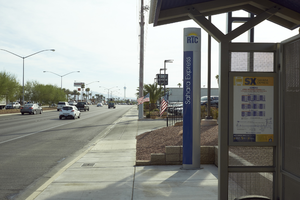 Bus stop on West Sahara Avenue west of Decatur Boulevard, looking east, Las Vegas, Nevada: digital photograph