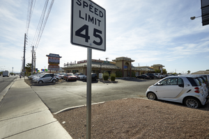 Speed limit sign on West Sahara Avenue at Lindell Road, looking east, Las Vegas, Nevada: digital photograph