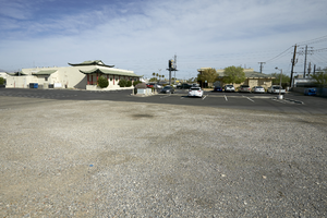 Vacant lot and restaurant on West Sahara Avenue at Lindelll Road, looking northwest, Las Vegas, Nevada: digital photograph