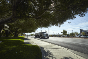 Gravel truck on West Sahara Avenue east of Lindell Road, looking east, Las Vegas, Nevada: digital photograph