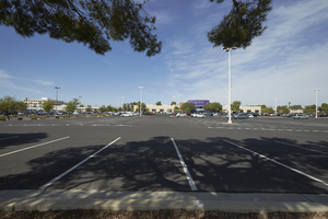 Parking lot for Tellus building on Decatur Boulevard north of West Sahara Avenue, looking west, Las Vegas, Nevada: digital photograph