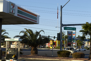 Gas stations on West Sahara Avenue at Jones Boulevard, looking southwest, Las Vegas, Nevada: digital photograph