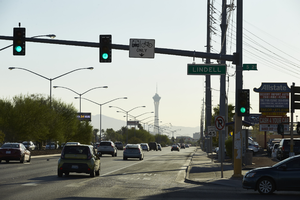 Traffic on West Sahara Avenue at Lindell Road, Las Vegas, Nevada: digital photograph