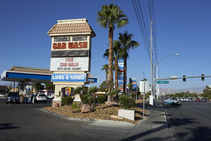 Gas stations on West Sahara Avenue and Jones Boulevard, looking west, Las Vegas, Nevada: digital photograph