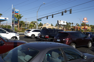 Cars at Jones Boulevard near West Sahara Avenue, looking northwest, Las Vegas, Nevada: digital photograph