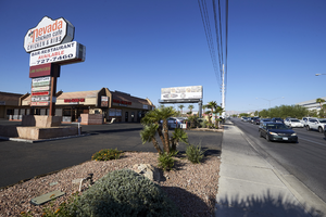 Traffic and commercial development on West Sahara Avenue west of Jones Boulevard, looking west, Las Vegas, Nevada: digital photograph