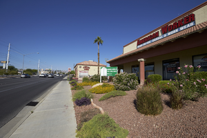 Traffic and businesses on West Sahara Avenue east of Torrey Pines Drive, looking west, Las Vegas, Nevada: digital photograph
