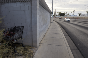 Shopping cart and traffic on East Sahara Avenue west of Lamb Boulevard, looking east, Las Vegas, Nevada: digital photograph