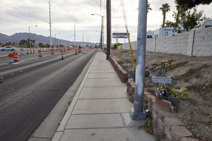 Construction traffic cones and RV park on East Sahara Avenue west of Lamb Boulevard, looking east, Las Vegas, Nevada: digital photograph