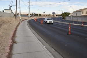 Car and trafic cones on East Sahara Avenue west of Lamb Boulevard, looking west, Las Vegas, Nevada: digital photograph