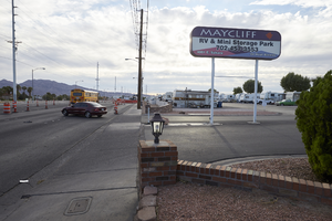 Maycliff RV & Mini Storage Park entrance on East Sahara Avenue west of Lamb Boulevard, looking east, Las Vegas, Nevada: digital photograph