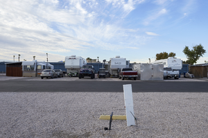 Trailers and lots in the he Maycliff RV & Mini Storage Park on East Sahara Avenue west of Lamb Boulevard, looking south, Las Vegas, Nevada: digital photograph