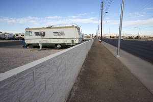 Maycliff RV & Mini Storage Park wall on East Sahara Avenue west of Lamb Boulevard, looking west, Las Vegas, Nevada: digital photograph