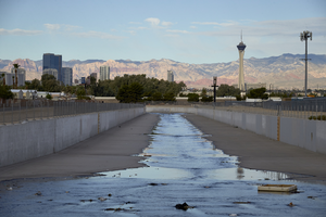 Las Vegas Strip and Flamingo Wash as seen from Lamb Boulevard south of East Sahara Avenue, looking west,: digital photograph