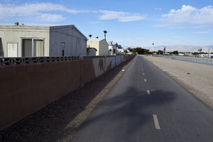 Flamingo Arroyo path next to trailer park, looking west, Las Vegas, Nevada: digital photograph