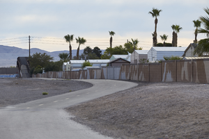 Flamingo Arroyo Trail path next to trailer park, looking east, Las Vegas, Nevada: digital photograph