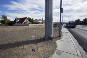 Bus and housing along East Sahara Avenue at Arden Street, looking east, Las Vegas, Nevada: digital photograph