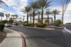 Apartment complex entrance, looking west, Las Vegas, Nevada: digital photograph