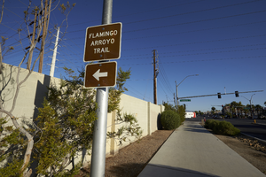 Flamingo Arroyo Trail signage, looking north, Las Vegas, Nevada: digital photograph