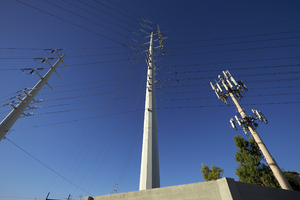 Power lines and a cell tower off East Sahara Avenue west of Sloan Lane, looking south, Las Vegas, Nevada: digital photograph