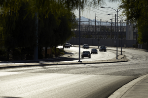 Traffic on East Sahara Avenue near Winterwood Substation, looking east, Las Vegas, Nevada: digital photograph