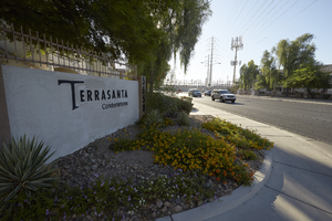 Terrasanta Condominium sign along East Sahara Avenue west of Sloan Lane, looking east, Las Vegas, Nevada: digital photograph