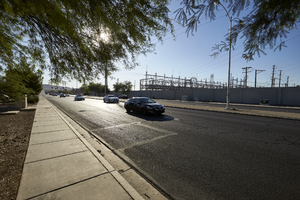 Traffic on East Sahara Avenue west of Sloan Lane near the Winterwood Substation, looking east, Las Vegas, Nevada: digital photograph