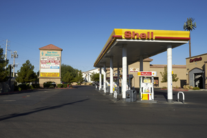 Gas station on the northwest corner of East Sahara Avenue and Sloan Lane, looking west, Las Vegas, Nevada: digital photograph