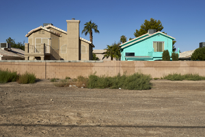 Colorful homes as seen from Sloan Lane north of East Sahara Avenue, looking west, Las Vegas, Nevada: digital photograph