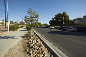 Landscaping and sidewalk treatment along Sloan Lane north of East Sahara Avenue, looking north, Las Vegas, Nevada: digital photograph