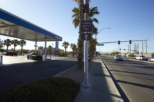 Chevron gas station on northeast corner of Sloan Lane and East Sahara Avenue, looking south, Las Vegas, Nevada: digital photograph