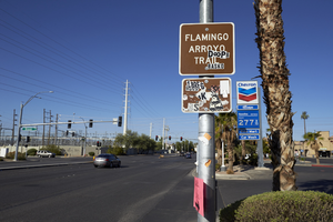 Flamingo Arroyo Trail sign on East Sahara Avenue east of Sloan Lane, looking west, Las Vegas, Nevada: digital photograph