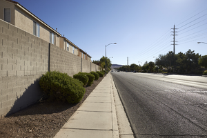 A block wall and sidewalks along East Sahara Avenue east of Sloan Lane, looking east, Las Vegas, Nevada: digital photograph
