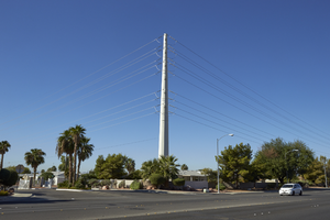 Power pole turns away from East Sahara Avenue west of Tree Line Drive, looking southwest, Las Vegas, Nevada: digital photograph