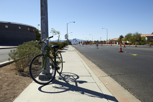 Bicycle on Tree Line Drive north of East Sahara Avenue, looking south, Las Vegas, Nevada: digital photograph