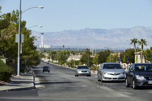 Stratosphere Tower and cars on East Sahara Avenue as seen from Tree Line Drive, looking west, Las Vegas, Nevada: digital photograph
