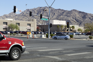 Las Vegas High School, looking northeast from East Sahara Avenue and Tree Line Drive, Las Vegas, Nevada: digital photograph