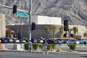 Pedestrians in front of Las Vegas High School, Las Vegas, Nevada: digital photograph